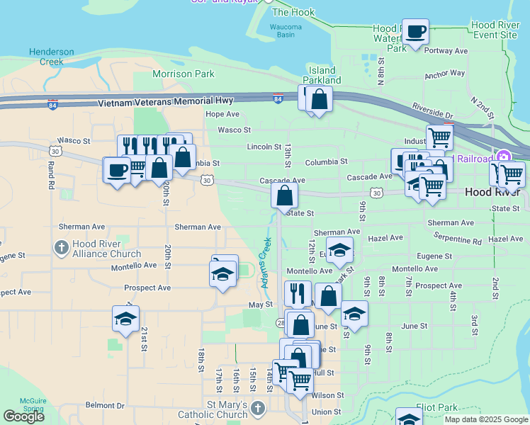 map of restaurants, bars, coffee shops, grocery stores, and more near 224 13th Street in Hood River