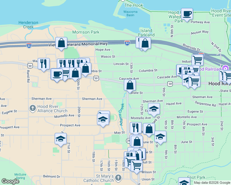 map of restaurants, bars, coffee shops, grocery stores, and more near 1509 Oak Street in Hood River