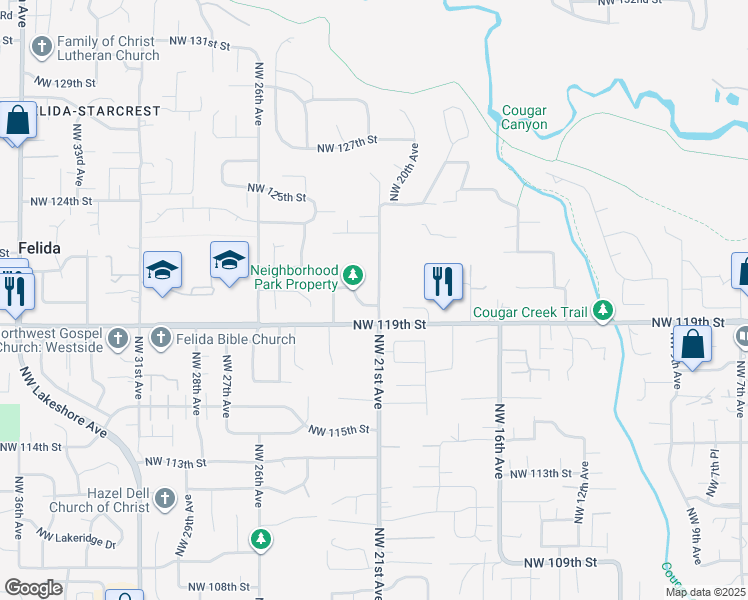 map of restaurants, bars, coffee shops, grocery stores, and more near 2104 Northwest 120th Street in Vancouver