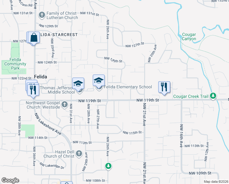 map of restaurants, bars, coffee shops, grocery stores, and more near 2421 Northwest 121st Circle in Vancouver