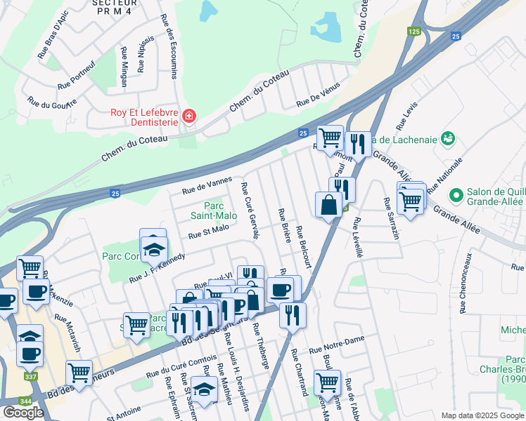 map of restaurants, bars, coffee shops, grocery stores, and more near 1298 Rue Hall in Terrebonne