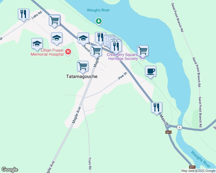map of restaurants, bars, coffee shops, grocery stores, and more near Pine Street in Tatamagouche