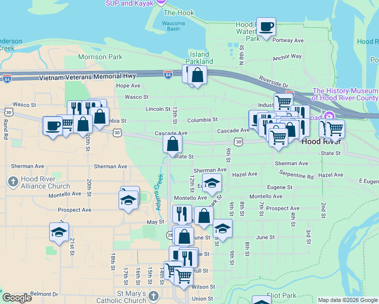 map of restaurants, bars, coffee shops, grocery stores, and more near 1204 State Street in Hood River