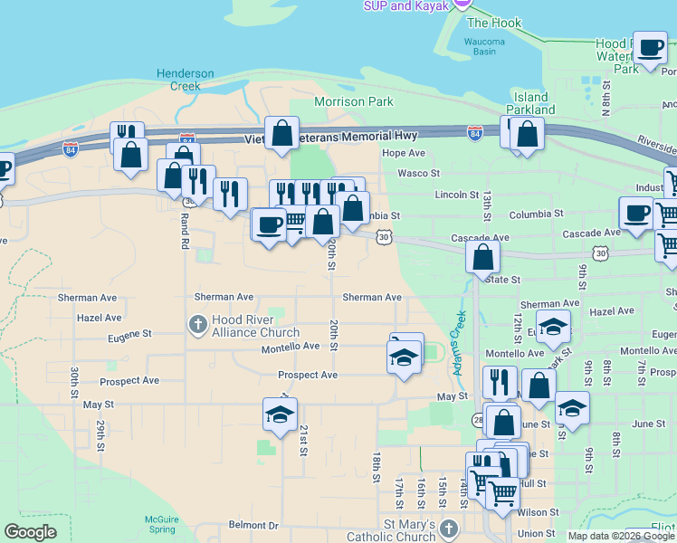 map of restaurants, bars, coffee shops, grocery stores, and more near 1826 Armadale Avenue in Hood River