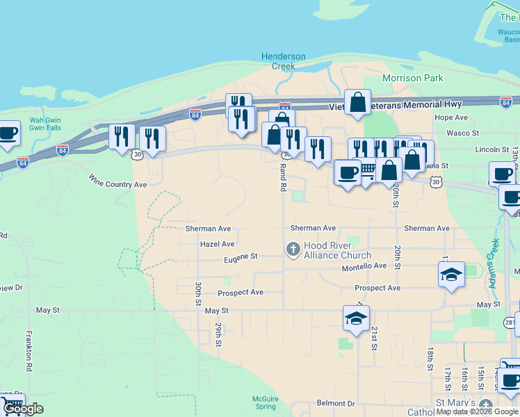 map of restaurants, bars, coffee shops, grocery stores, and more near 780 Rand Road in Hood River