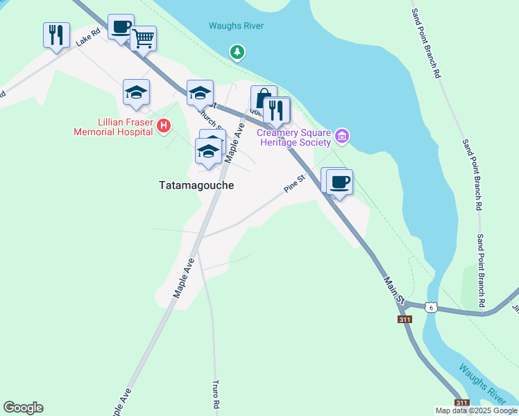 map of restaurants, bars, coffee shops, grocery stores, and more near Pine Street in Tatamagouche