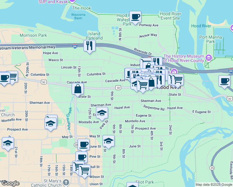 map of restaurants, bars, coffee shops, grocery stores, and more near 814 State Street in Hood River