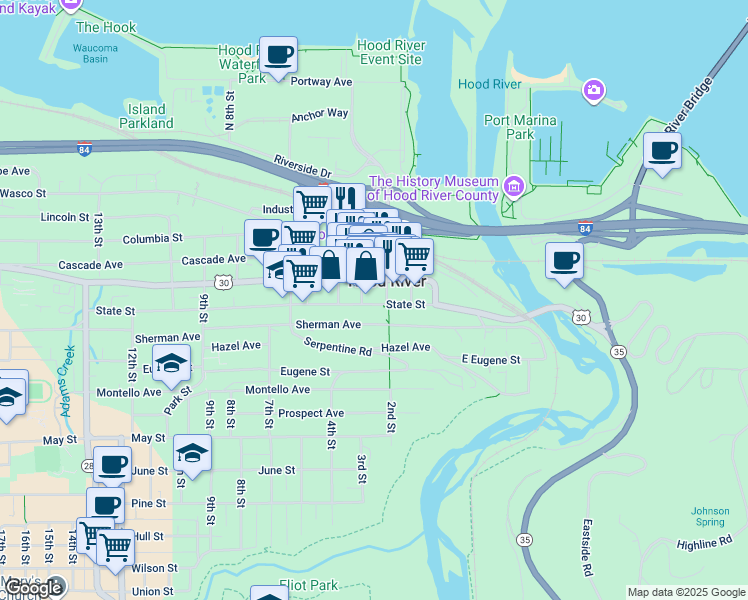 map of restaurants, bars, coffee shops, grocery stores, and more near 301-309 State Street in Hood River