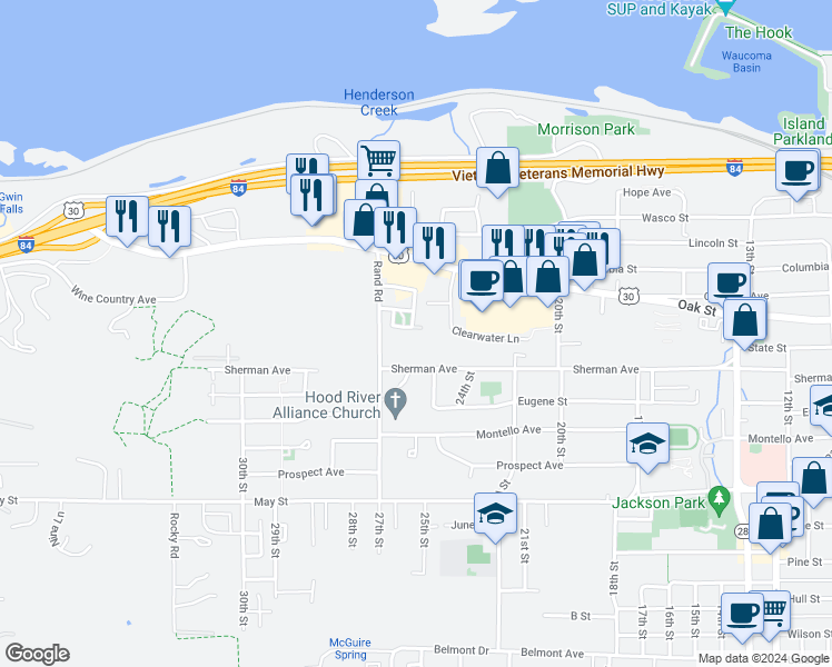 map of restaurants, bars, coffee shops, grocery stores, and more near 271 Mount Rainier Loop in Hood River