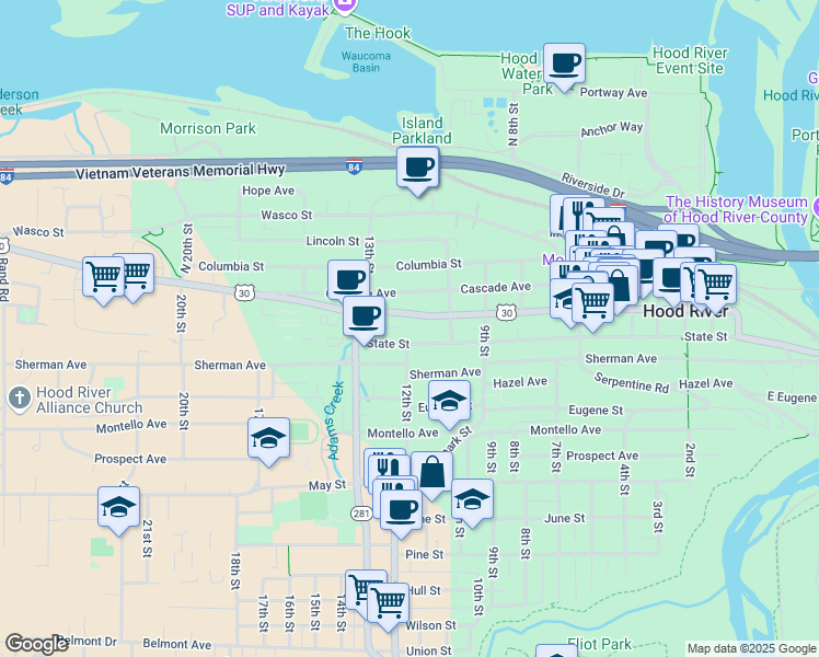 map of restaurants, bars, coffee shops, grocery stores, and more near 1100 State Street in Hood River