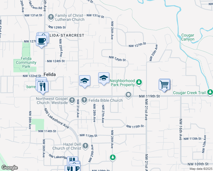 map of restaurants, bars, coffee shops, grocery stores, and more near 2700 Northwest 119th Street in Vancouver