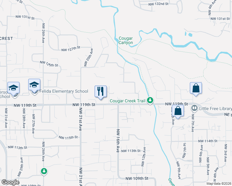map of restaurants, bars, coffee shops, grocery stores, and more near 1607 Northeast 120th Court in Vancouver