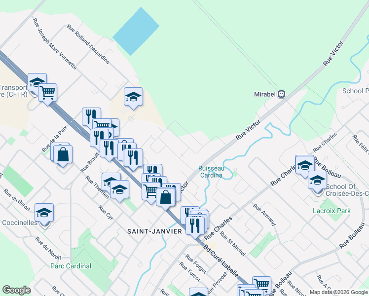 map of restaurants, bars, coffee shops, grocery stores, and more near 17960 Rue Roland-Ouellette in Mirabel