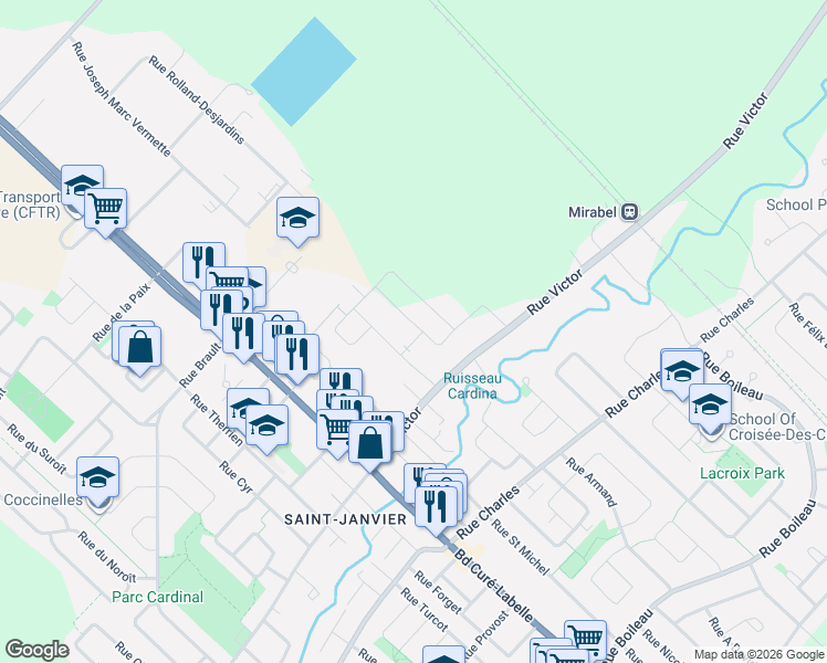 map of restaurants, bars, coffee shops, grocery stores, and more near 17960 Rue Roland-Ouellette in Mirabel