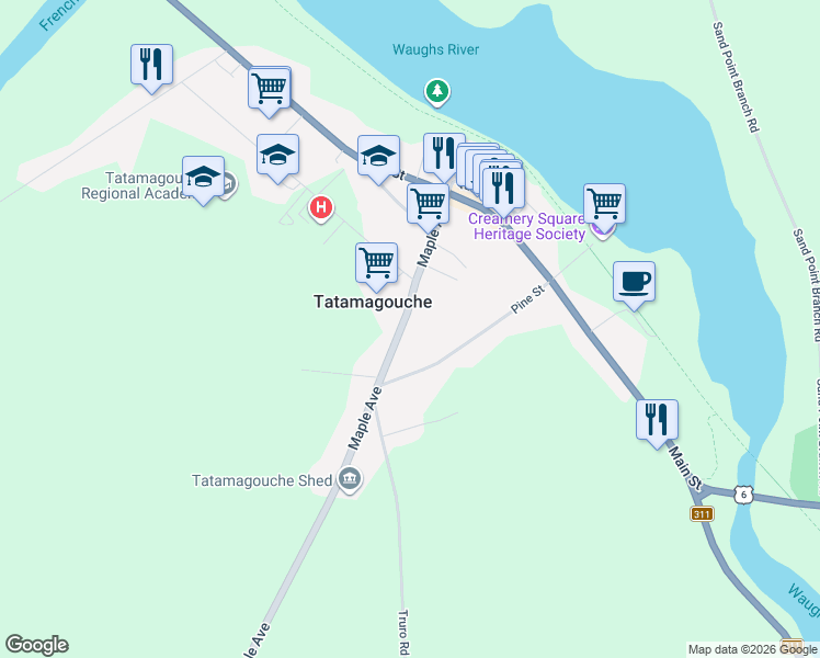 map of restaurants, bars, coffee shops, grocery stores, and more near 86 Maple Avenue in Tatamagouche