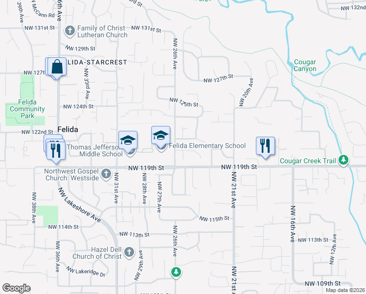map of restaurants, bars, coffee shops, grocery stores, and more near 2421 Northwest 121st Circle in Vancouver