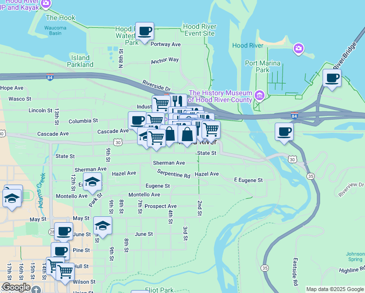 map of restaurants, bars, coffee shops, grocery stores, and more near 301 State Street in Hood River