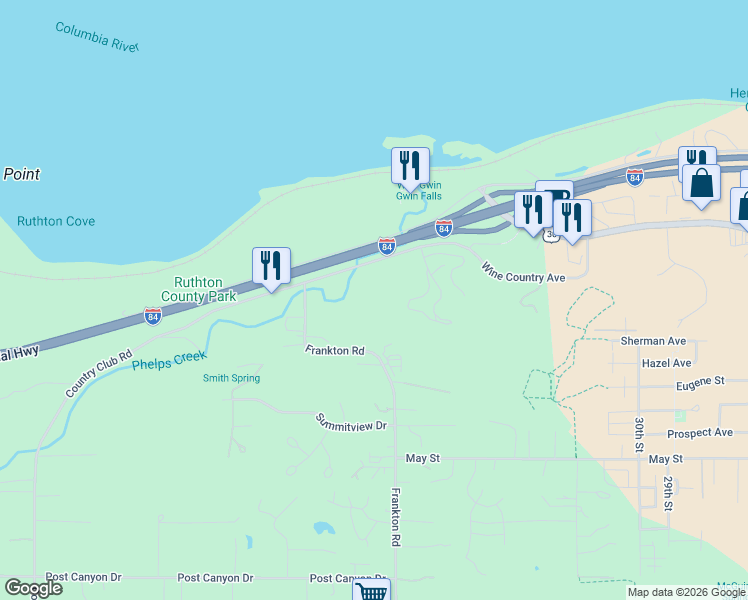 map of restaurants, bars, coffee shops, grocery stores, and more near 175 Country Club Road in Hood River