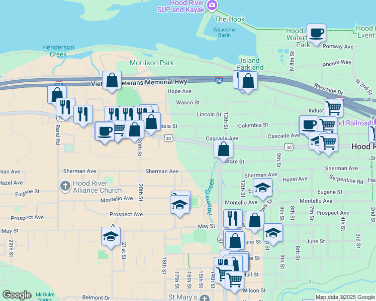 map of restaurants, bars, coffee shops, grocery stores, and more near 1516 Sherman Avenue in Hood River