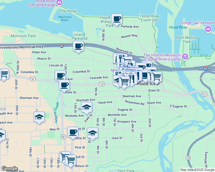 map of restaurants, bars, coffee shops, grocery stores, and more near 725 Oak Street in Hood River