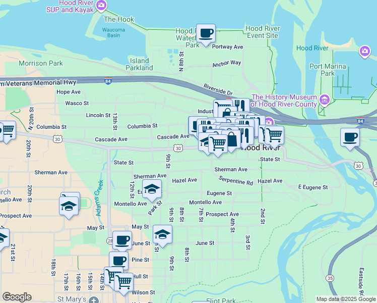 map of restaurants, bars, coffee shops, grocery stores, and more near 725 Oak Street in Hood River
