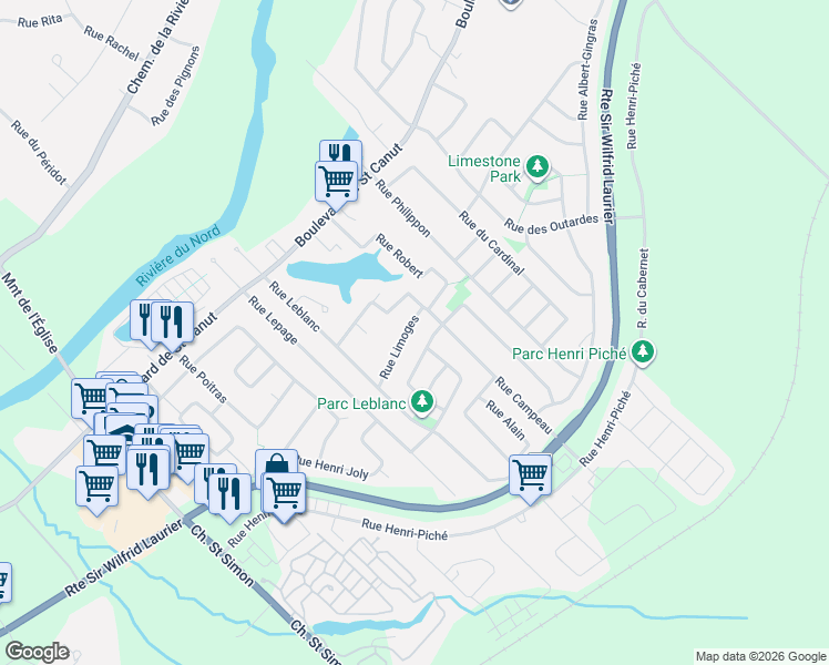 map of restaurants, bars, coffee shops, grocery stores, and more near 9846 Rue Limoges in Mirabel