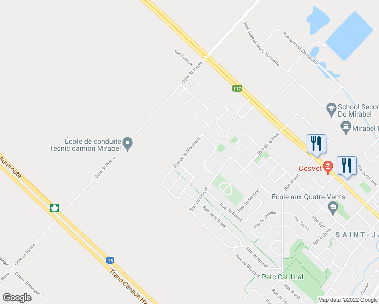 map of restaurants, bars, coffee shops, grocery stores, and more near 16720 Rue de la Mousson in Mirabel