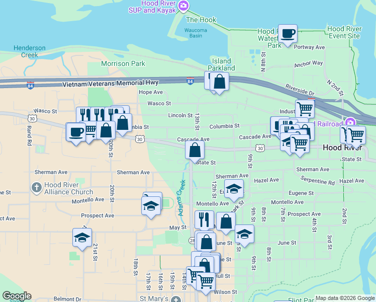 map of restaurants, bars, coffee shops, grocery stores, and more near 224 13th Street in Hood River