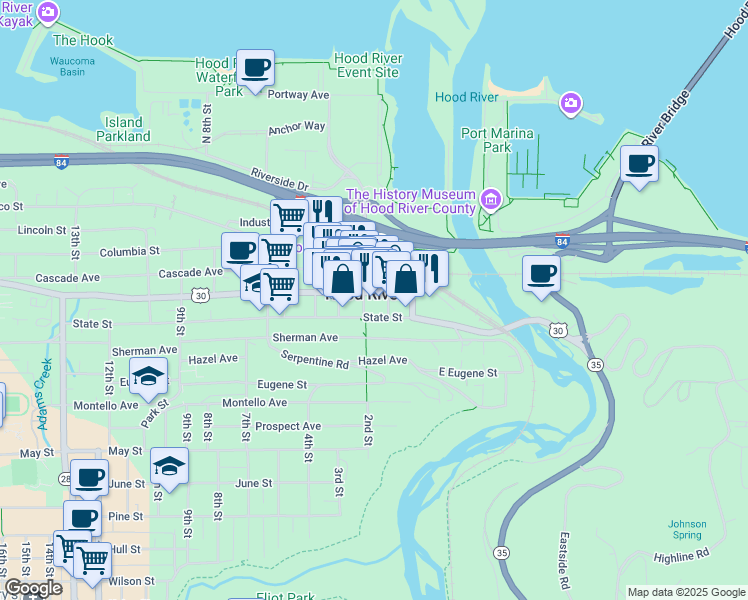 map of restaurants, bars, coffee shops, grocery stores, and more near in Hood River