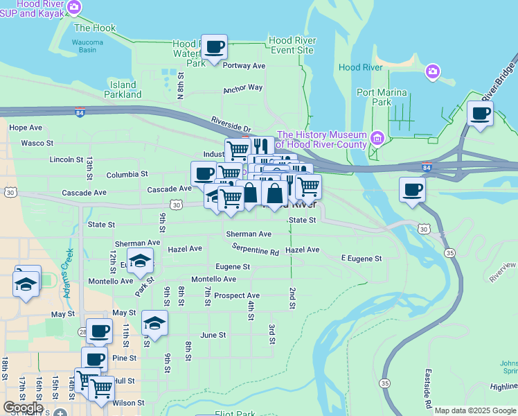 map of restaurants, bars, coffee shops, grocery stores, and more near 315 Oak Street in Hood River