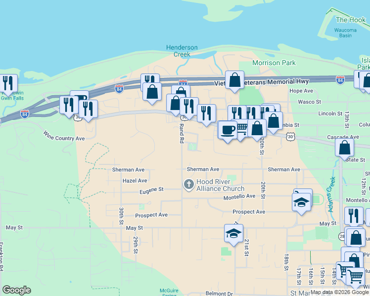 map of restaurants, bars, coffee shops, grocery stores, and more near 1020 Rand Road in Hood River