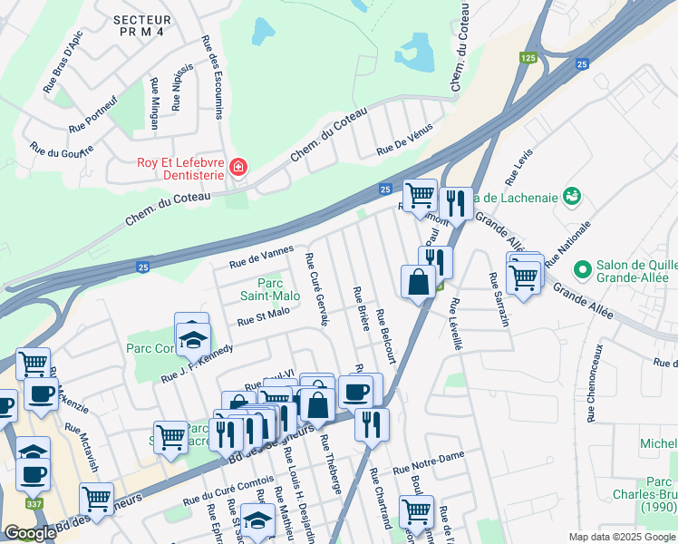 map of restaurants, bars, coffee shops, grocery stores, and more near 1339 Rue Hall in Terrebonne