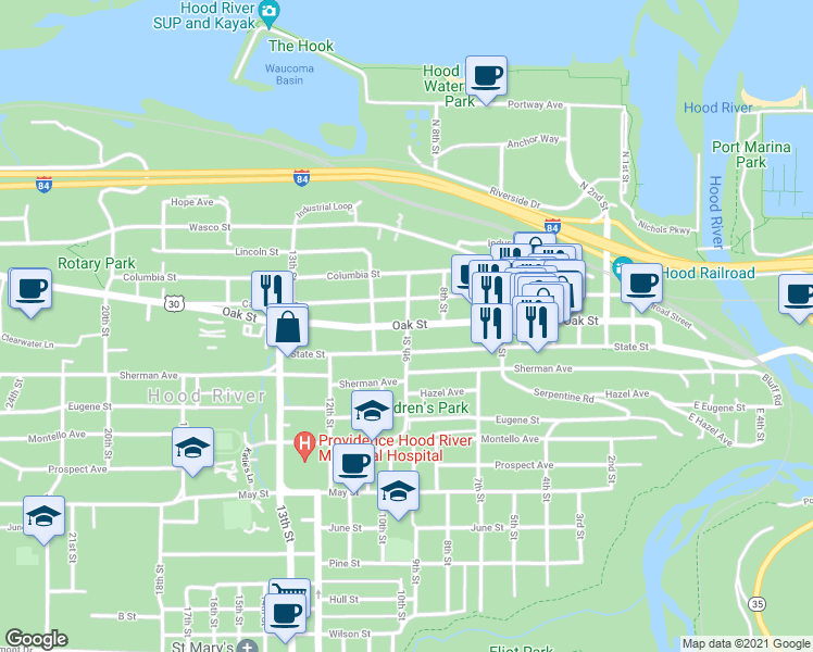 map of restaurants, bars, coffee shops, grocery stores, and more near 901 Oak Street in Hood River
