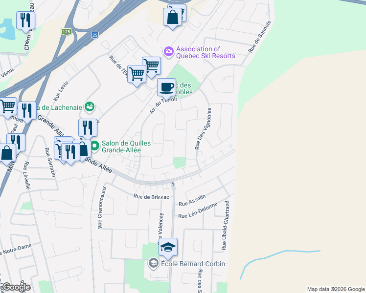 map of restaurants, bars, coffee shops, grocery stores, and more near 140 Rue De Chablis in Terrebonne