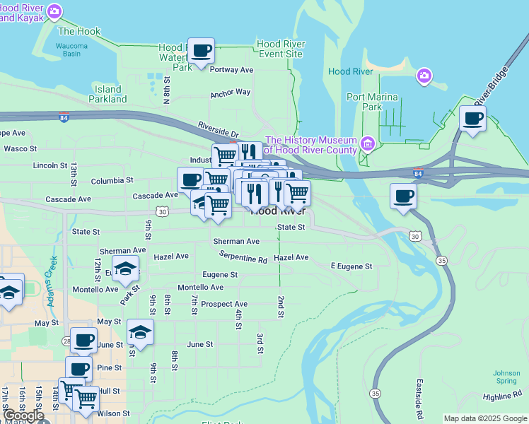 map of restaurants, bars, coffee shops, grocery stores, and more near 213 Oak Street in Hood River
