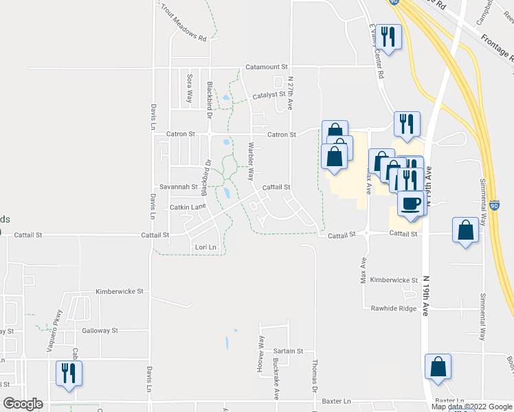 map of restaurants, bars, coffee shops, grocery stores, and more near 2821 Cattail Street in Bozeman
