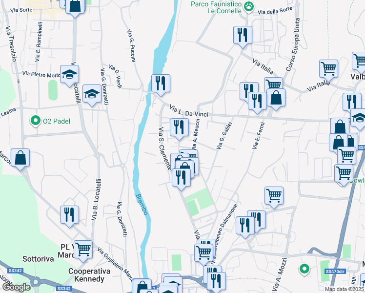 map of restaurants, bars, coffee shops, grocery stores, and more near 9 Via Raffaello Sanzio in Ponte San Pietro