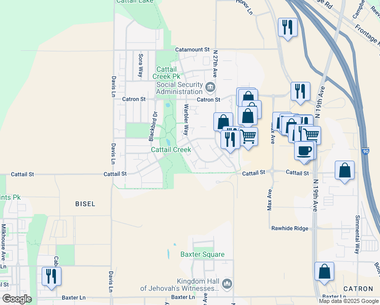 map of restaurants, bars, coffee shops, grocery stores, and more near 2821 Cattail Street in Bozeman