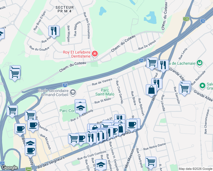 map of restaurants, bars, coffee shops, grocery stores, and more near 555 Rue de Lorient in Terrebonne