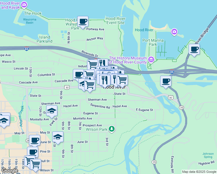map of restaurants, bars, coffee shops, grocery stores, and more near 213 Oak Street in Hood River