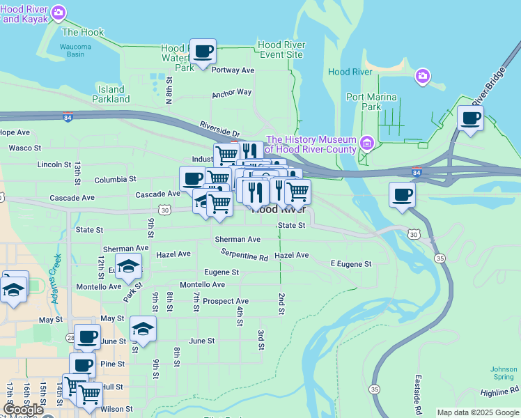 map of restaurants, bars, coffee shops, grocery stores, and more near 301 Oak Street in Hood River