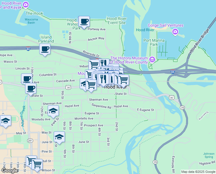 map of restaurants, bars, coffee shops, grocery stores, and more near 301 Oak Street in Hood River