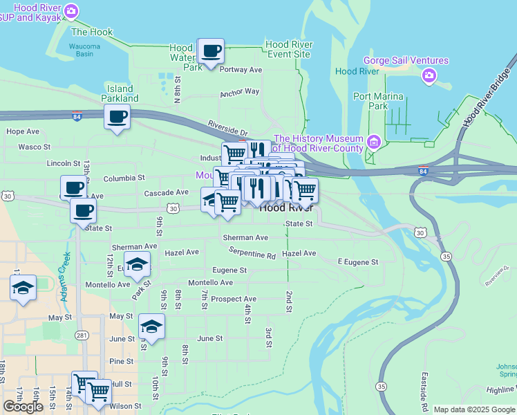 map of restaurants, bars, coffee shops, grocery stores, and more near 315 Oak Street in Hood River