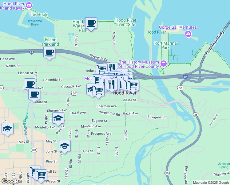 map of restaurants, bars, coffee shops, grocery stores, and more near 304 Oak Street in Hood River