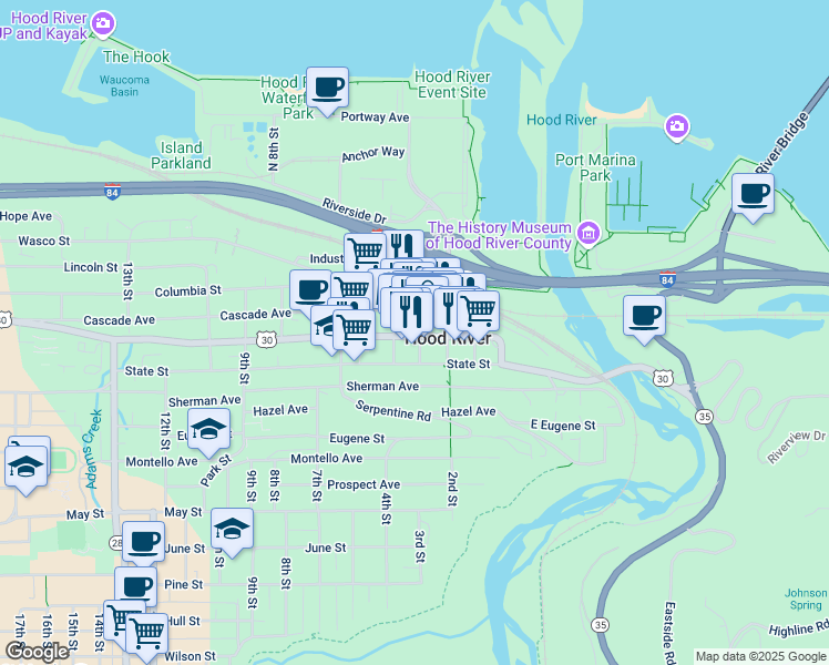 map of restaurants, bars, coffee shops, grocery stores, and more near 304 Oak Street in Hood River