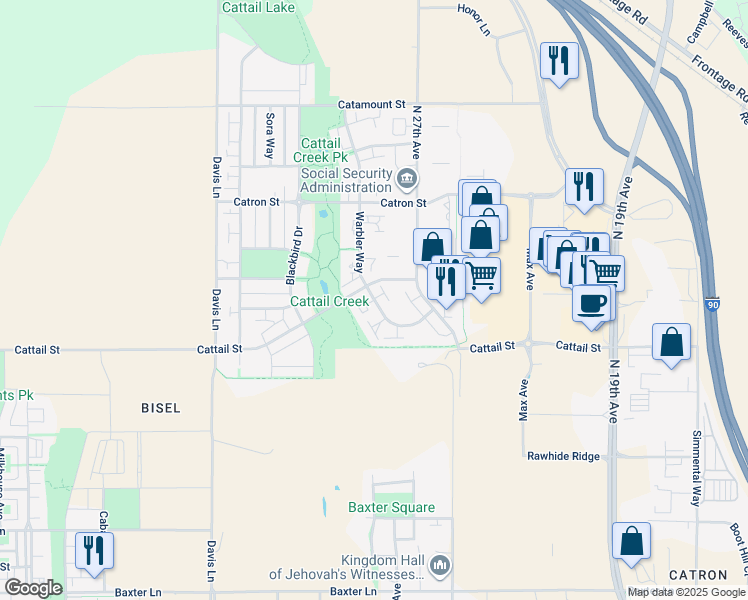 map of restaurants, bars, coffee shops, grocery stores, and more near 2821 Cattail Street in Bozeman