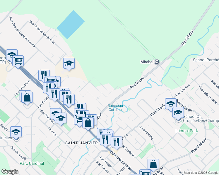 map of restaurants, bars, coffee shops, grocery stores, and more near 14410 Rue Roger-Thomas in Mirabel