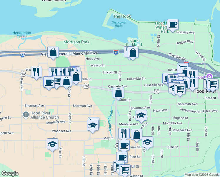 map of restaurants, bars, coffee shops, grocery stores, and more near 1314 Cascade Avenue in Hood River