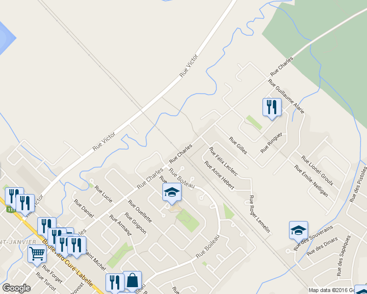 map of restaurants, bars, coffee shops, grocery stores, and more near 18595 Rue Charles in Mirabel