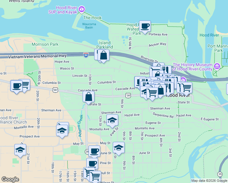 map of restaurants, bars, coffee shops, grocery stores, and more near 914 Cascade Avenue in Hood River